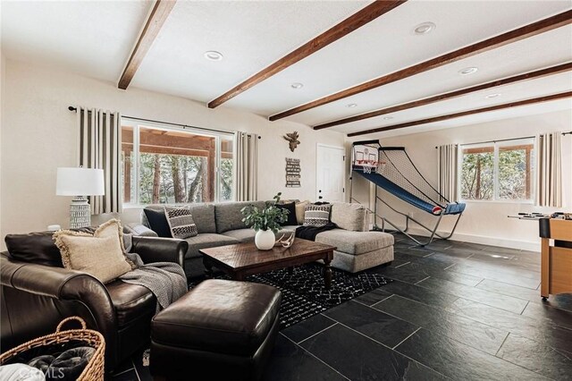 26625 Pinehurst Dr, Lake Arrowhead, CA 92352 - living room featuring beam ceiling, recessed lighting, and baseboards