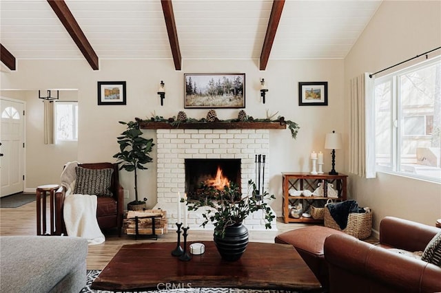 26625 Pinehurst Dr, Lake Arrowhead, CA 92352 - living room with wood finished floors, a brick fireplace, and baseboards