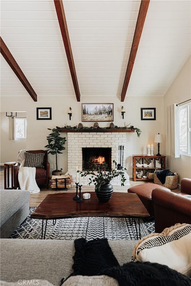 26625 Pinehurst Dr, Lake Arrowhead, CA 92352 - living room featuring wood finished floors and a brick fireplace