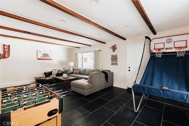 26625 Pinehurst Dr, Lake Arrowhead, CA 92352 - recreation room featuring beam ceiling, recessed lighting, dark tile patterned flooring, and baseboards