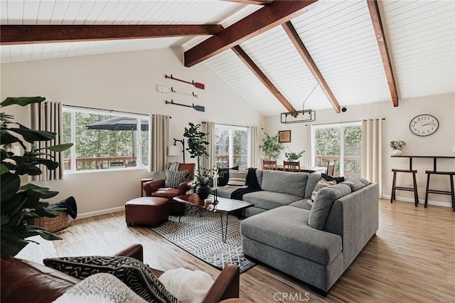 26625 Pinehurst Dr, Lake Arrowhead, CA 92352 - living area featuring wood finished floors, baseboards, a chandelier, high vaulted ceiling, and wooden ceiling with exposed beams