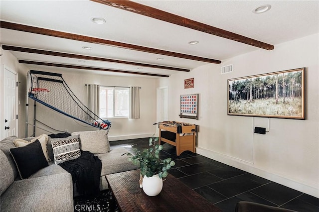26625 Pinehurst Dr, Lake Arrowhead, CA 92352 - living area featuring baseboards, beamed ceiling, dark tile patterned flooring, and recessed lighting