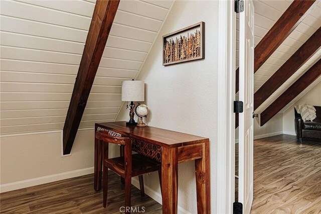 26625 Pinehurst Dr, Lake Arrowhead, CA 92352 - corridor with wood ceiling, wood finished floors, and baseboards