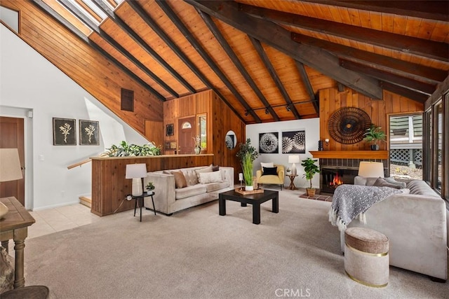 23442 Via Codorniz, Coto De Caza, CA 92679 - carpeted living room featuring wooden walls, healthy amount of natural light, wood ceiling with exposed beams, high vaulted ceiling, and baseboards