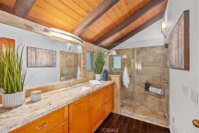 23442 Via Codorniz, Coto De Caza, CA 92679 - full bath featuring wood ceiling, vanity, a shower stall, and wood finished floors
