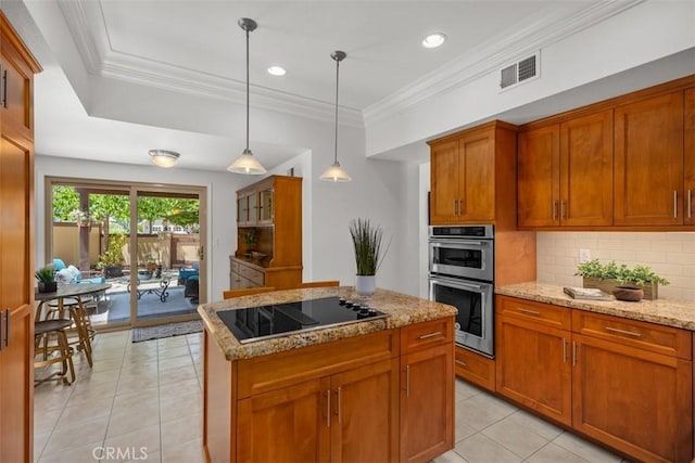 23442 Via Codorniz, Coto De Caza, CA 92679 - kitchen featuring double oven, light tile patterned floors, black electric stovetop, backsplash, and a kitchen island