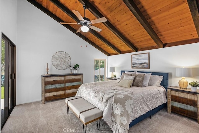 23442 Via Codorniz, Coto De Caza, CA 92679 - carpeted bedroom with wooden ceiling with exposed beams, high vaulted ceiling, and ceiling fan