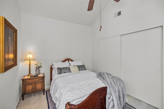 23442 Via Codorniz, Coto De Caza, CA 92679 - bedroom featuring a closet, light colored carpet, ceiling fan, high vaulted ceiling, and baseboards