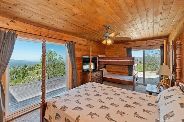 175 N Trails End Rd, Green Valley Lake, CA 92341 - carpeted bedroom featuring access to exterior, wood ceiling, and wooden walls