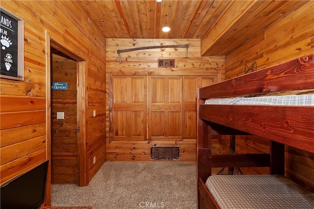 175 N Trails End Rd, Green Valley Lake, CA 92341 - carpeted bedroom featuring wooden walls, a sauna, and wooden ceiling