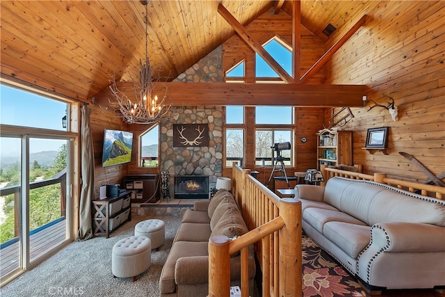 175 N Trails End Rd, Green Valley Lake, CA 92341 - living room with high vaulted ceiling, wood walls, a chandelier, wooden ceiling, and carpet