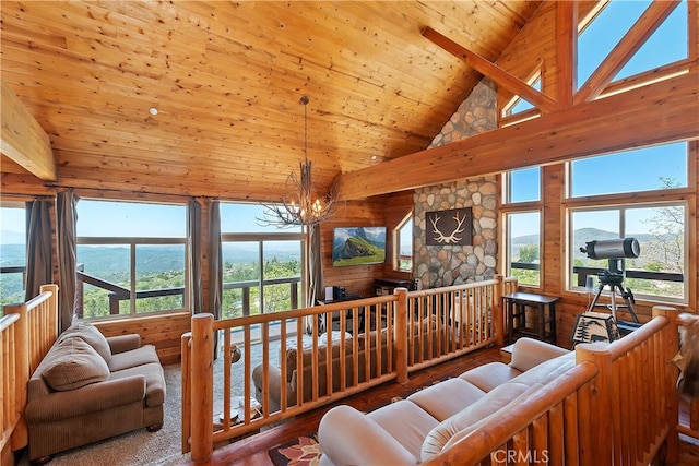 175 N Trails End Rd, Green Valley Lake, CA 92341 - living area featuring wooden ceiling with exposed beams, high vaulted ceiling, wood finished floors, and a chandelier