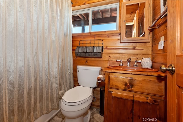 175 N Trails End Rd, Green Valley Lake, CA 92341 - full bath with vanity, toilet, wood walls, and curtained shower