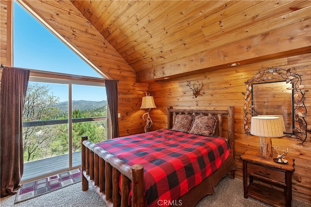 175 N Trails End Rd, Green Valley Lake, CA 92341 - carpeted bedroom with access to outside, lofted ceiling, a mountain view, wood ceiling, and wooden walls