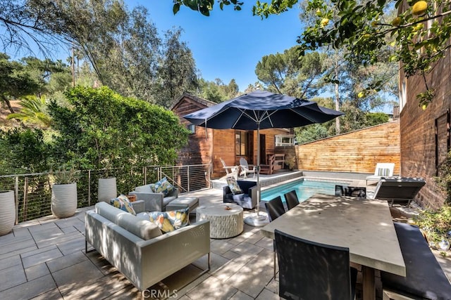 4315 Morro Dr, Woodland Hills, CA 91364 - fenced backyard with an outdoor hangout area, a patio area, outdoor dining area, and an outdoor structure