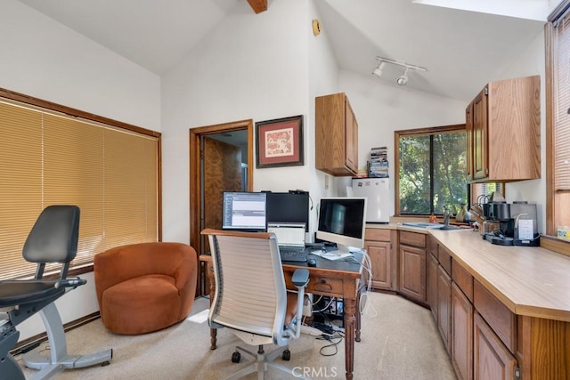 4315 Morro Dr, Woodland Hills, CA 91364 - home office featuring light carpet, a sink, rail lighting, and high vaulted ceiling