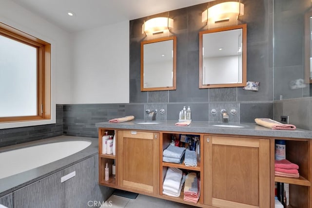 4315 Morro Dr, Woodland Hills, CA 91364 - full bathroom featuring double vanity, a garden tub, tile walls, and tile patterned floors