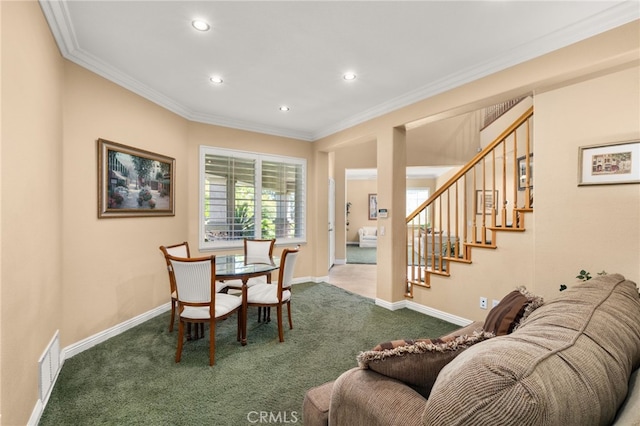 12719 E Rancho Estates Pl, Rancho Cucamonga, CA 91739 - dining area featuring carpet floors, ornamental molding, stairs, recessed lighting, and baseboards