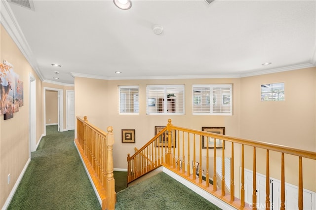 12719 E Rancho Estates Pl, Rancho Cucamonga, CA 91739 - hallway with an upstairs landing, recessed lighting, baseboards, carpet, and ornamental molding