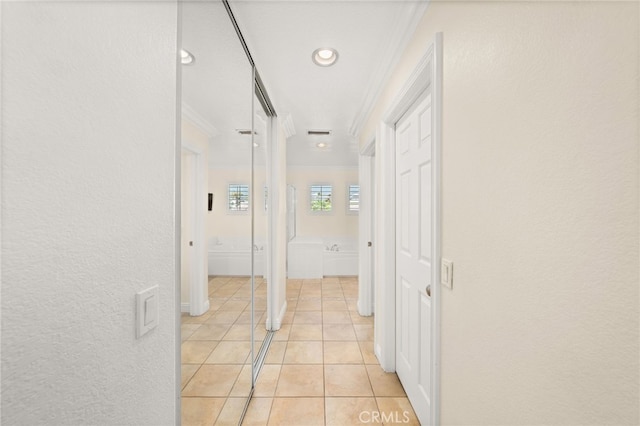 12719 E Rancho Estates Pl, Rancho Cucamonga, CA 91739 - hallway with ornamental molding, light tile patterned flooring, and recessed lighting
