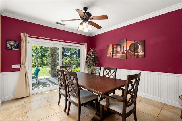 12719 E Rancho Estates Pl, Rancho Cucamonga, CA 91739 - dining space with light tile patterned floors, a wainscoted wall, ceiling fan, and crown molding