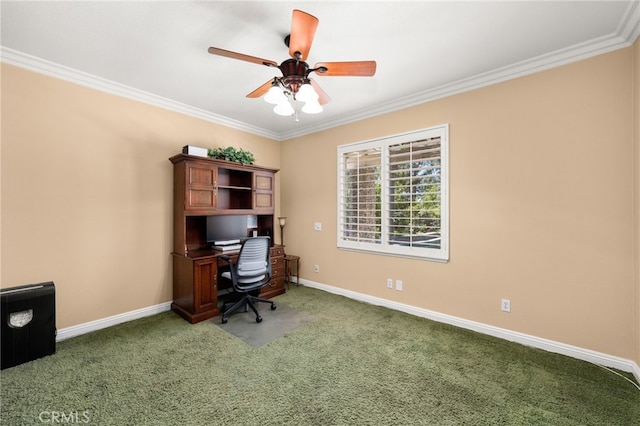 12719 E Rancho Estates Pl, Rancho Cucamonga, CA 91739 - office area with carpet, ornamental molding, ceiling fan, and baseboards