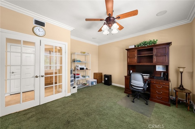 12719 E Rancho Estates Pl, Rancho Cucamonga, CA 91739 - carpeted home office featuring ornamental molding, ceiling fan, and baseboards