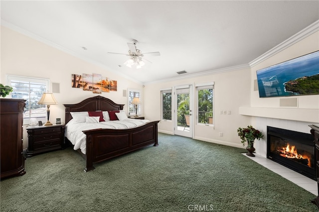 12719 E Rancho Estates Pl, Rancho Cucamonga, CA 91739 - bedroom featuring access to exterior, lofted ceiling, ornamental molding, carpet flooring, and a tiled fireplace