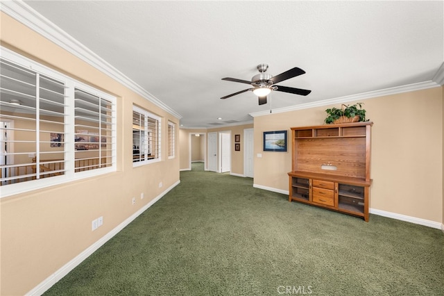 12719 E Rancho Estates Pl, Rancho Cucamonga, CA 91739 - unfurnished living room with carpet, baseboards, a ceiling fan, and ornamental molding