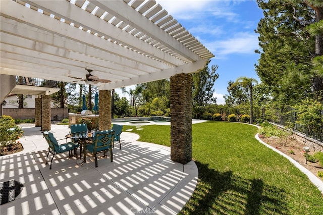 12719 E Rancho Estates Pl, Rancho Cucamonga, CA 91739 - view of patio / terrace with a pergola, outdoor dining area, a swimming pool, and ceiling fan