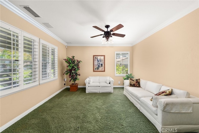 12719 E Rancho Estates Pl, Rancho Cucamonga, CA 91739 - living area featuring ornamental molding, baseboards, carpet floors, and a ceiling fan