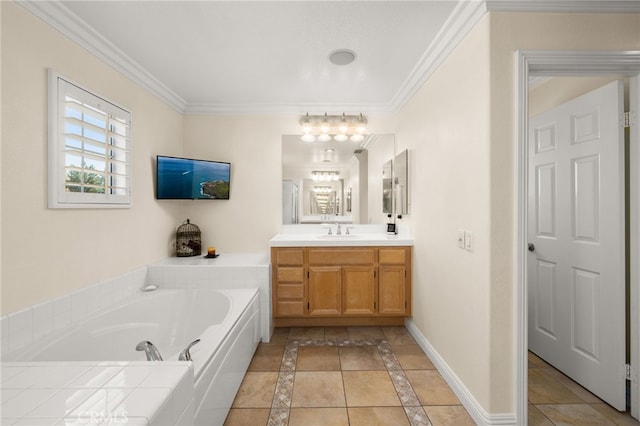 12719 E Rancho Estates Pl, Rancho Cucamonga, CA 91739 - bathroom with vanity, a garden tub, crown molding, and baseboards