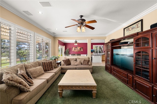 12719 E Rancho Estates Pl, Rancho Cucamonga, CA 91739 - living area featuring ceiling fan, dark colored carpet, crown molding, and recessed lighting