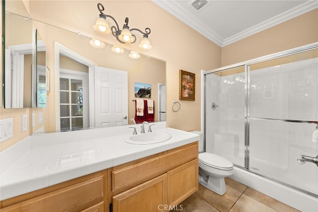 12719 E Rancho Estates Pl, Rancho Cucamonga, CA 91739 - bathroom with crown molding, a stall shower, tile patterned flooring, vanity, and toilet