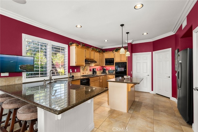 12719 E Rancho Estates Pl, Rancho Cucamonga, CA 91739 - kitchen featuring black appliances, a sink, a peninsula, under cabinet range hood, and recessed lighting