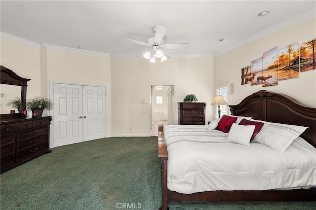 12719 E Rancho Estates Pl, Rancho Cucamonga, CA 91739 - carpeted bedroom featuring crown molding, a closet, and a ceiling fan