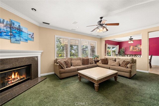 12719 E Rancho Estates Pl, Rancho Cucamonga, CA 91739 - carpeted living room featuring a ceiling fan, crown molding, baseboards, and a premium fireplace