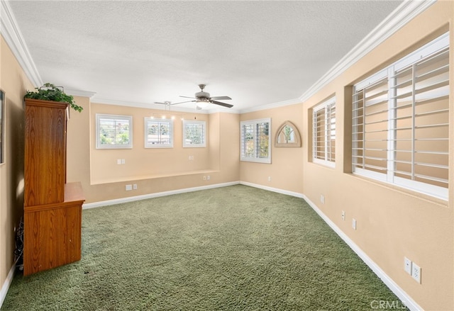 12719 E Rancho Estates Pl, Rancho Cucamonga, CA 91739 - unfurnished room with crown molding, carpet floors, a textured ceiling, ceiling fan, and baseboards