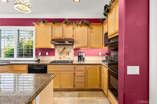 12719 E Rancho Estates Pl, Rancho Cucamonga, CA 91739 - kitchen featuring black appliances, under cabinet range hood, ornamental molding, light tile patterned floors, and decorative backsplash