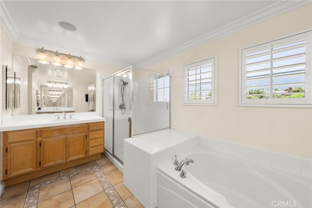 12719 E Rancho Estates Pl, Rancho Cucamonga, CA 91739 - bathroom featuring a garden tub, vanity, a stall shower, ornamental molding, and inlaid floor details