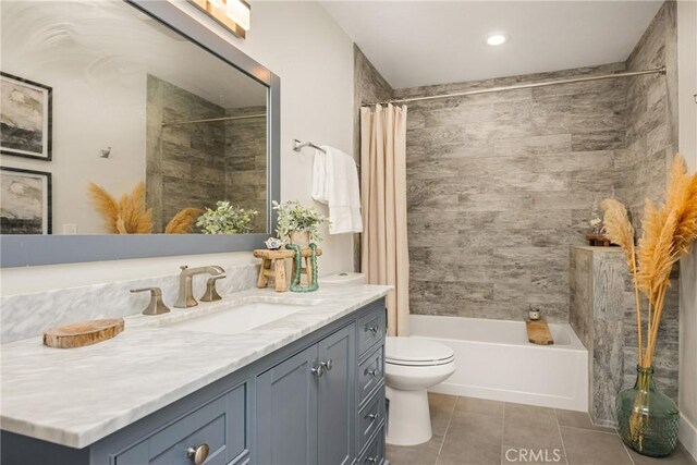 20402 Seven Seas Ln, Huntington Beach, CA 92646 - bathroom with vanity, tile patterned flooring, shower / tub combo with curtain, and recessed lighting