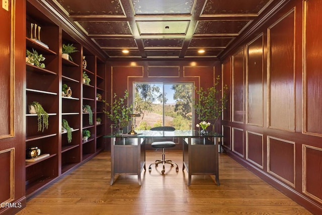 13045 Ripple Creek Ln, Camarillo, CA 93012 - unfurnished office featuring wood finished floors, coffered ceiling, and a decorative wall