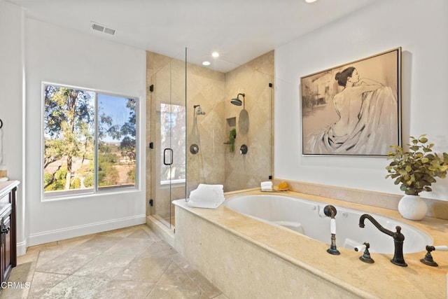 13045 Ripple Creek Ln, Camarillo, CA 93012 - bathroom with a bath, plenty of natural light, vanity, a shower stall, and recessed lighting