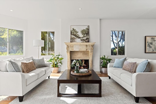 13045 Ripple Creek Ln, Camarillo, CA 93012 - living room featuring recessed lighting, wood finished floors, and a premium fireplace
