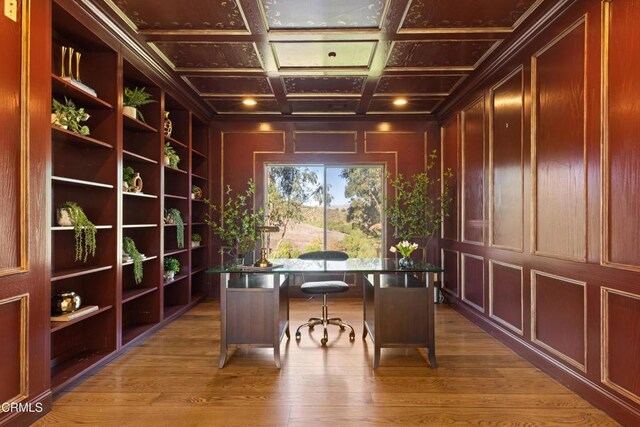 13045 Ripple Creek Ln, Camarillo, CA 93012 - unfurnished office featuring wood finished floors, coffered ceiling, and a decorative wall