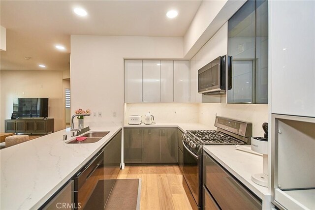 820 S Wilton Pl Unit 304, Los Angeles, CA 90005 - kitchen with stainless steel appliances, a sink, modern cabinets, light stone counters, and light wood finished floors