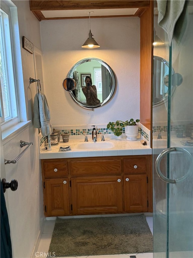15911 Dundalk Ln, Huntington Beach, CA 92647 - bathroom with vanity, a stall shower, tile patterned floors, and tasteful backsplash