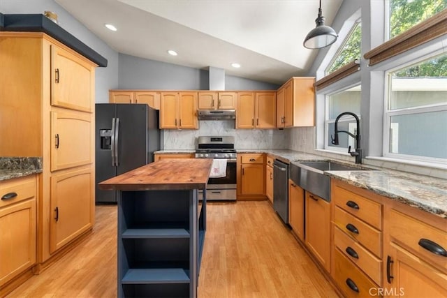 8510 Verdant Ct, Los Molinos, CA 96055 - kitchen with appliances with stainless steel finishes, wood counters, under cabinet range hood, a sink, and open shelves