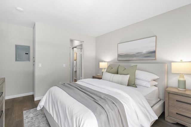 6955 Alvarado Rd Unit 77, San Diego, CA 92120 - bedroom with electric panel, dark wood-type flooring, and baseboards