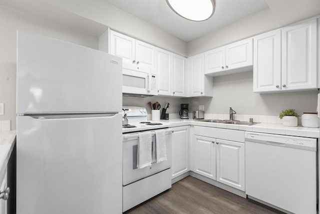6955 Alvarado Rd Unit 77, San Diego, CA 92120 - kitchen featuring white appliances, a sink, white cabinets, dark wood-style floors, and tile countertops